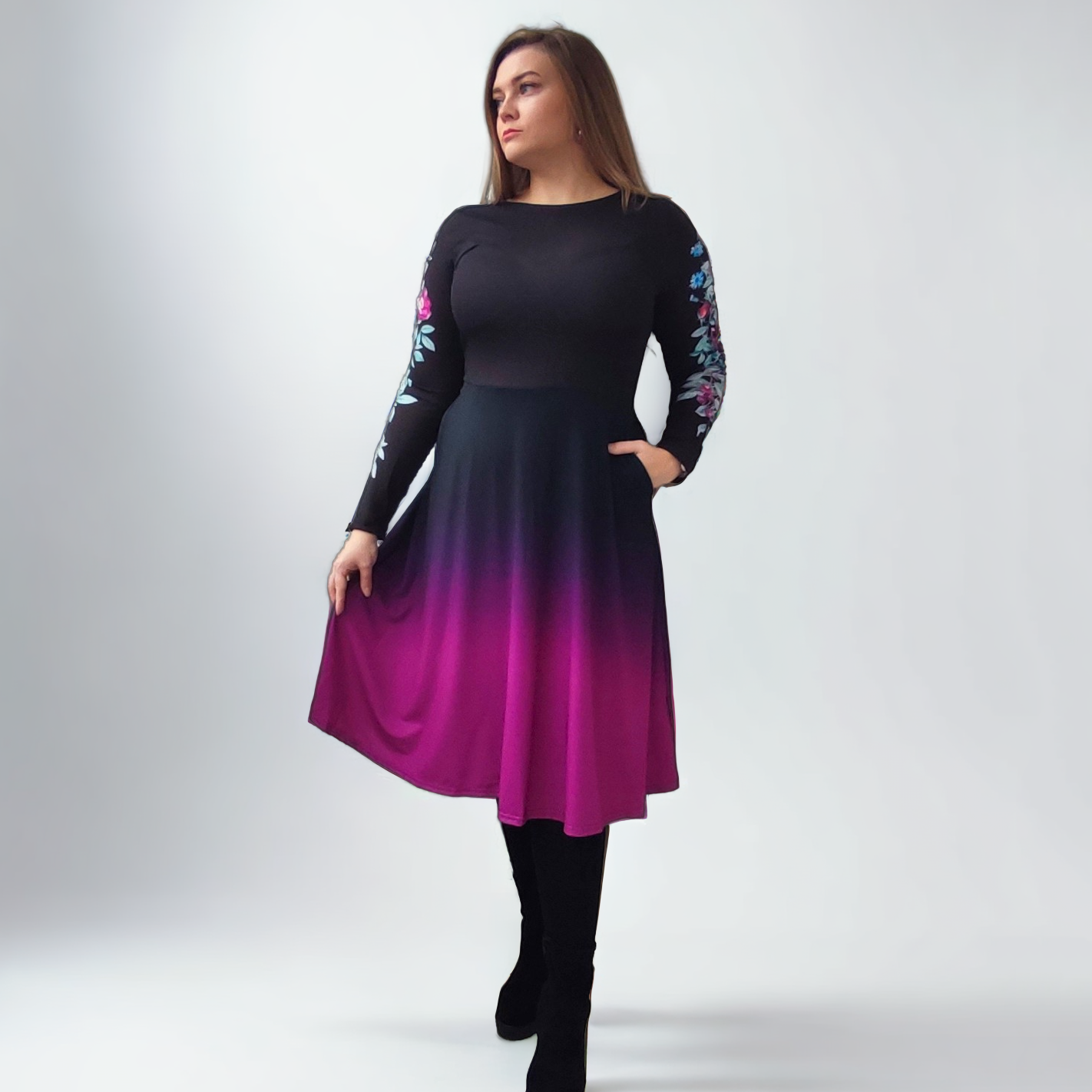 Taskutega midikleit hõrk lumeroos Eesti disain kleit